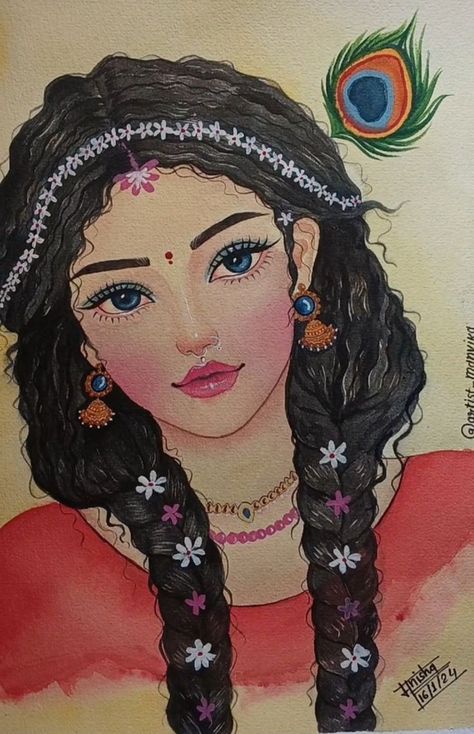 Radha Animated Images, Radha Krishna Eyes Painting, Radhe Rani Pics, Radha Ji Painting, Sanatani Girls Aesthetic, Radha Ji Drawing, Radha Rani Paintings, Krishna Images Drawing, Krishna Ji Sketch