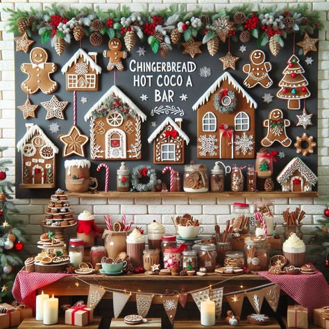 Hot Cocoa Bar Display, Christmas Wall Display, Cocoa Bar Christmas, Hot Cocoa Bar Christmas, Gingerbread Hot Cocoa, Bakery Shops, Gingerbread Christmas Tree, Bar Display, Bar Displays