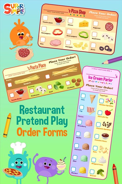 Pretend Play Restaurant Printables, Pretend Play Recipe Cards, Pretend Restaurant Printables Free, Restaurant Pretend Play Free Printables, Play Pretend Ideas, Play Restaurant For Kids, Restaurant Kids Activities, Manifesting Creativity, Super Simple Crafts