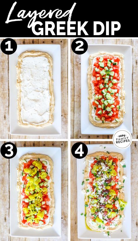 This is THE BEST DIP RECIPE EVER! This easy layered greek dip is quick to make, requires no cooking, and people rave about it every time it is served. It is kind of like a seven layer greek dip where all of the ingredients are layered on top of each other to form a fresh, healthy party dip perfect for an appetizer or neighborhood BBQ. Serve this easy greek layer dip with fresh pita or chips. 7 Layer Greek Dip, Layered Greek Dip, Healthy Party Dips, Greek Dip Recipes, Greek Layer Dip, Party Appetizer Dips, Layered Dip, Savory Dips, Best Dip