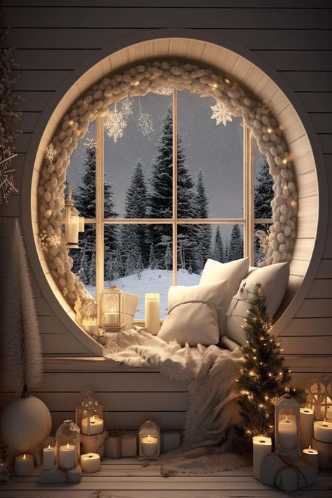 Frame Cabins, Cozy Window Seat, Winter Christmas Scenes, Round Window, Photo Insta, Christmas Bedroom, Christmas Room, Home Decorating Ideas, Aesthetic Home