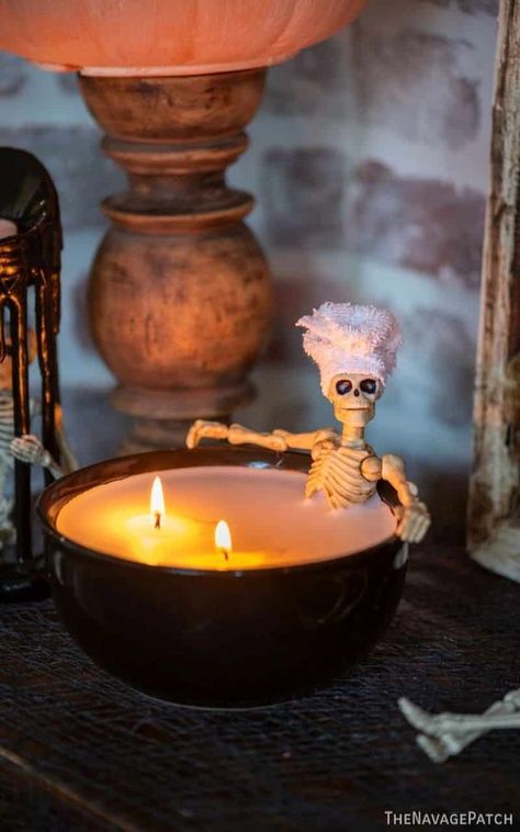 Easy DIY Halloween Candles | How to make candles | Easy candle making | Easy Halloween decor DIY | Easy Halloween crafts | Dollar Tree Halloween | DIY Candle | Halloween decor ideas DIY | bathing skeleton candle | skeleton in bath candle | skelly bath candle | #TheNavagePatch | TheNavagePatch.com Halloween Crafts Dollar Tree, Halloween Decor Ideas Diy, Pumpkin Chunkin, Candles Bathtub, Halloween Candles Diy, Easy Halloween Decor, Crafts Dollar Tree, Craft Hacks, Halloween Decor Diy