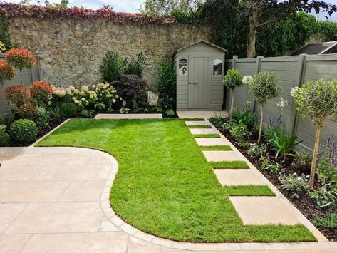 Half Patio Half Grass Garden, Linear Garden Design, Lollipop Trees In Garden, Family Garden Ideas, Garden Redesign, Lollipop Trees, Bungalow Garden, Contemporary Bungalow, Low Maintenance Garden Design