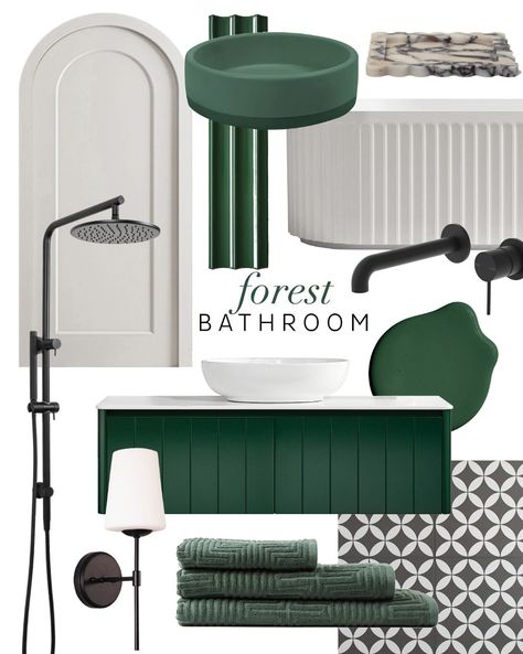 Bathroom Trend: Forest — Adore Home Magazine Green Basin, Arch Door, Greenhouse Interiors, Paint Wall, Arched Doors, Shower Rail, Black Tiles, Tub Shower, Bathroom Trends