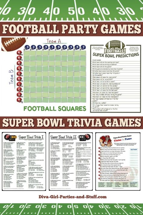 Super Bowl party games and ideas. #superbowl #trivia #football #partygames Superbowl Party Activities, Games For Super Bowl Party, Fun Superbowl Games, Super Bowl Question Game, Superbowl Party Ideas Games, Free Superbowl Party Printables, Super Bowl Spirit Week Ideas, Superbowl Birthday Party Ideas, Superbowl Party Games For Adults