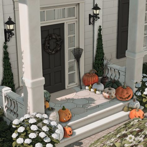 (9) 🎃🍂 – @pixelglam on Tumblr Sims 4 Pillar Cc, Sims 4 Front Door, Sims Lore, Bloxburg Porch, Cottage Core Bloxburg House, Roblox Houses, Roblox Builds, Bloxburg Cottage, Sims Lots