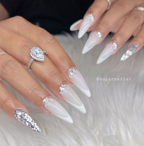 White Shine Nails, White Sugar Nails, Sugar Effect Nails, Red Iguana, White Stiletto Nails, Acrylic Nail Designs Classy, Ballerina Acrylic Nails, Bridal Nails Designs, Gold Acrylic Nails