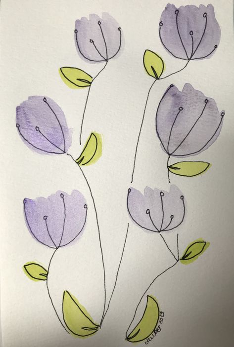 A simple but beautiful purple flower watercolour painting. I have used plain watercolour along with a tint of neon watercolours within the picture. The detail has been added on after using ink. No pencil was used in the picture.  The picture is 12cm (width) x 19cm (length) and has been painted on watercolour paper (250gsm). I am currently creating my stock and open to commissions or any stationary you may need.  Please contact me for further information. Watercolor Pens Art For Beginners, Watercolour Line Drawing, Simple Whimsical Art, Watercolor With Pen Outline, Easy Watercolor Art For Beginners, Watercolour Cards Simple, Watercolour Drawing Ideas, Cute Watercolour Painting, Watercolor Flowers Easy