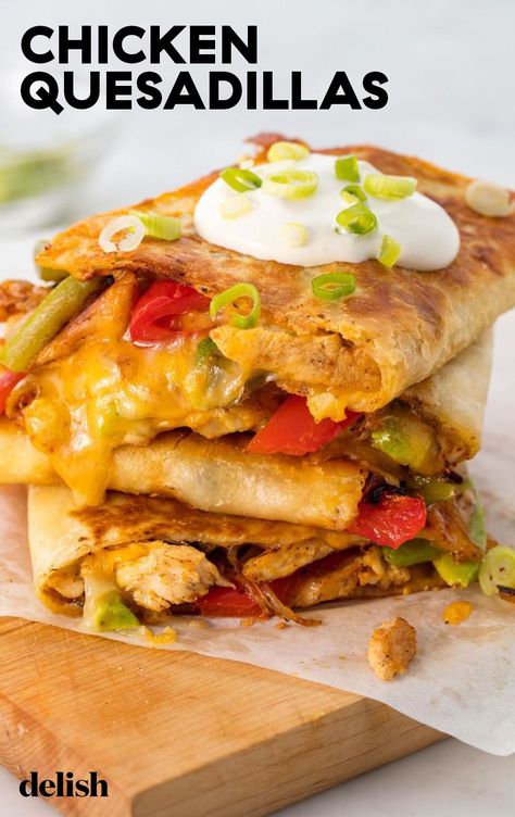 This Is The Only Chicken Quesadilla Recipe You'll Ever NeedDelish Easy Chicken Quesadillas, Easy Chicken Quesadilla Recipe, Chicken Quesadillas Recipe, Quick Chicken Dinner, Chicken Quesadilla Recipe, Quesadilla Recipe, Quesadilla Recipes, Chicken Quesadillas, Spaghetti Recipes