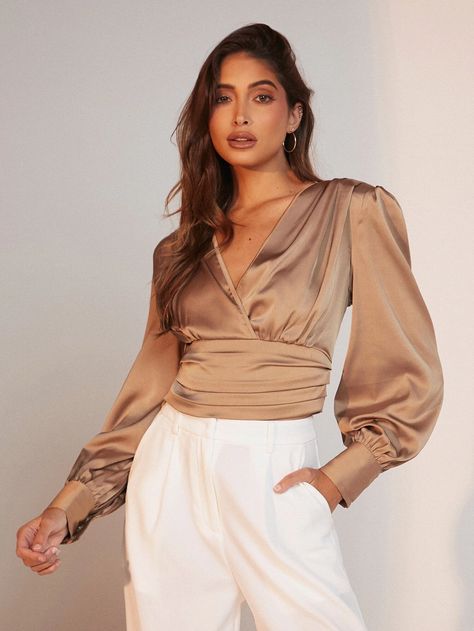 SHEIN Surplice Neck Lantern Sleeve Satin Top | SHEIN EUR Satin Tops Blouses Long Sleeve, Khaki Top Outfit, Satin Tops Blouses, Satijnen Blouses, Satin Blouse Outfit, Nightout Outfit, Satin Tops, Satin Lehenga, Satin Clothes