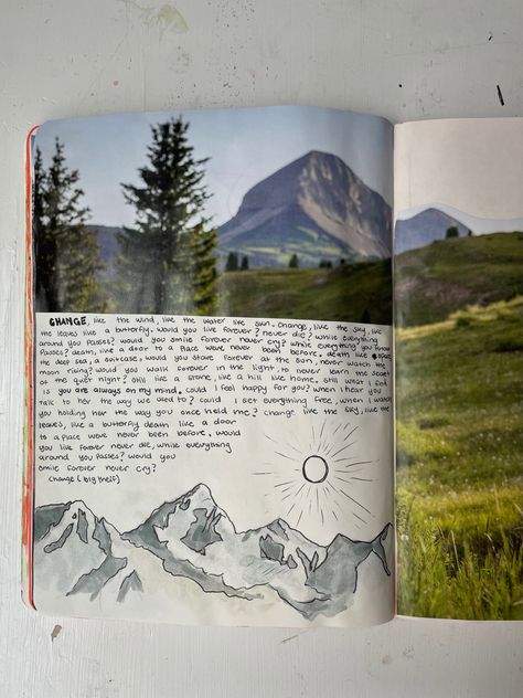 Aesthetic Journaling Pictures, Art Collage Journal, Journal Ideas Nature, Outdoor Journaling Aesthetic, Trekking Journal Ideas, Explorer Journal Aesthetic, Nature Journal Inspiration, Nature Journal Ideas, Outdoor Journal