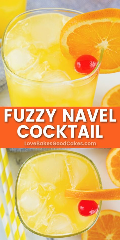 Fuzzy Navel Cocktail pin collage Fuzzy Navel Drink, Fun Party Drinks, Virgin Cocktails, Happy Hour Food, Fuzzy Navel, Best Cocktail Recipes, Delicious Drink Recipes, Easy Drinks, Party Food And Drinks