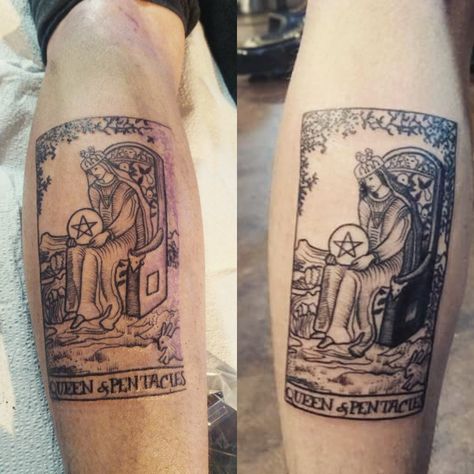 Queen of Pentacles tattoo Queen Of Pentacles Tarot Tattoo, Queen Of Pentacles Tattoo, Pentacles Tattoo, Queen Of Pentacles, Leg Tats, Kids Tattoo, Tarot Tattoo, Pentacles Tarot, Pentacles