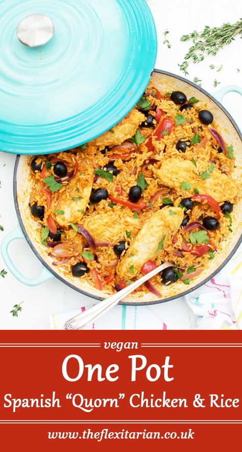 One Pot Spanish Quorn Chicken & Rice [vegan] Quorn Recipes Chicken, Konjac Rice, Quorn Chicken, Quorn Recipes, Flexitarian Recipes, Plant Paradox, Veggie Food, Chicken And Rice, Chicken Rice