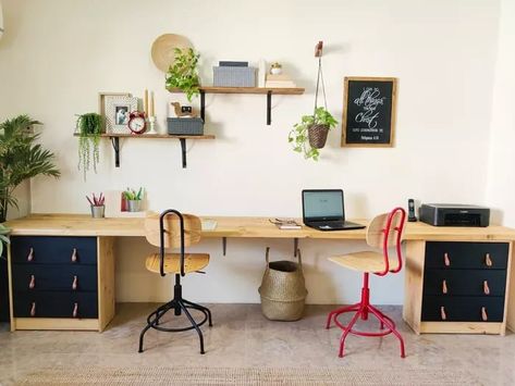 IKEA hack double desk Ikea Desk Bookcase, Ikea Desk Hack Bedroom, Double Desk Diy, Double Desk Ikea Hack, Ikea Long Desk Hack, Ikea Long Desk, Ikea Double Desk Hack, Long Desk Ideas, Ikea Kallax Desk Hack