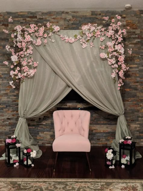 Cherry blossom backdrop for bridal shower by Sharon Ramkarran Wedding Archway Arch Backdrop Frame Lamasat Wedding, Japanese Cherry Blossom Wedding Theme, Cherry Blossom Sweet 16 Party Ideas, Cherry Blossom Party Decorations, Cherry Blossom Bridal Shower Theme, Cherry Blossom Decorations Party, Cherry Blossom Baby Shower Theme, Cherry Blossom Birthday Theme, Cherry Blossom Party Theme