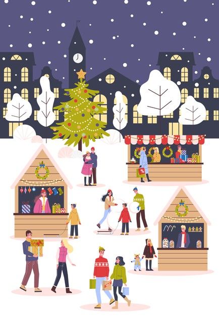 Christmas Market Illustration, Christmas Card Decorations, Market Illustration, Festive Poster, Traditional Decoration, Christmas Contests, Big Christmas Tree, Family Holiday Cards, Festive Food