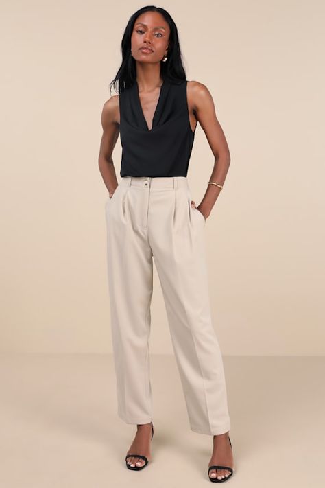 Leave everyone in awe of your posh presence in the Lulus Sophisticated Company Light Beige Straight Leg Trouser Pants! These chic pants keep things classy with their flat woven composition and high-waisted fit, complete with belt loops, a tortoise top button closure, and a hidden zip fly. The straight pant legs feature light pleating, side seam pockets, and decorative welt pockets at the back before ending at tailored, ankle-length hems. Elastic at back for fit. Fit: This garment fits true to si Casual Prom Dresses, Women's Dress Pants, Pants Tailored, Navy Dress Pants, Capsule Wardrobe Work, Looking For Work, Chic Pants, Dressy Pants, Dress Pant Suit