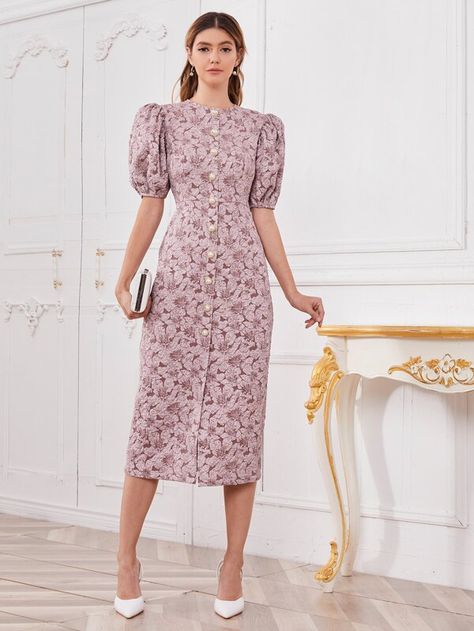 Floral Print Puff Sleeve Button Up Dress | SHEIN USA Body Con Dress Outfit, Casual Frocks, Elegant Dresses Classy, Sleeves Designs For Dresses, Frock Design, Designs For Dresses, Classy Dress, Modest Dresses, Purple Dress