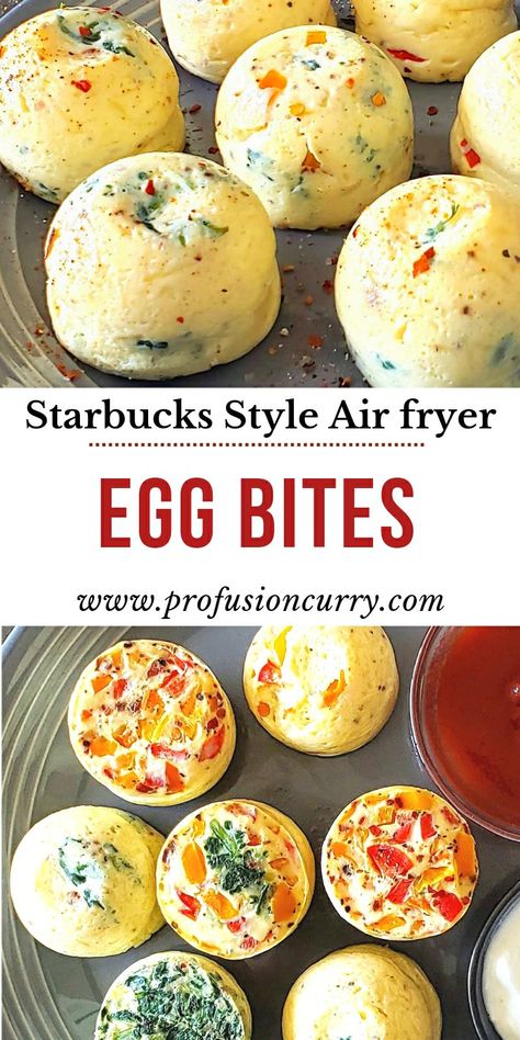 Vegetarian egg bites Breakfast Egg Bites, Starbucks Egg Bites Recipe, Air Fryer Recipes Breakfast, Starbucks Egg Bites, High Protein Snack, Egg Bites Recipe, Protein Snack, Air Fry Recipes, Healthy Breakfast Recipes Easy