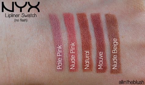 NYX Slim Lip Pencil Swatches in "Pale Pink", "Nude Pink", "Natural", "Mauve", and "Nude Beige" Nyx Lip Liner Swatches, Lip Liner Swatches, Nyx Lip Pencil, Nyx Slim Lip Pencil, Mac Shades, Nyx Lip Liner, Lipgloss Swatches, Lip Pencil Colors, Makeup Shopping