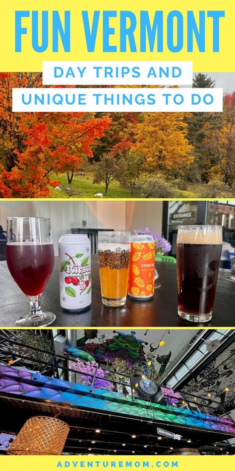 Beers and Restaurant with Red Trees. With Text Reading: Vermont Day Trip Ideas. Vermont Family Vacation, Things To Do In Stowe Vermont, Vermont Honeymoon, Vermont Camping, Adventure Mom, Vermont Vacation, Stowe Vermont, Day Trip Ideas, Burlington Vermont