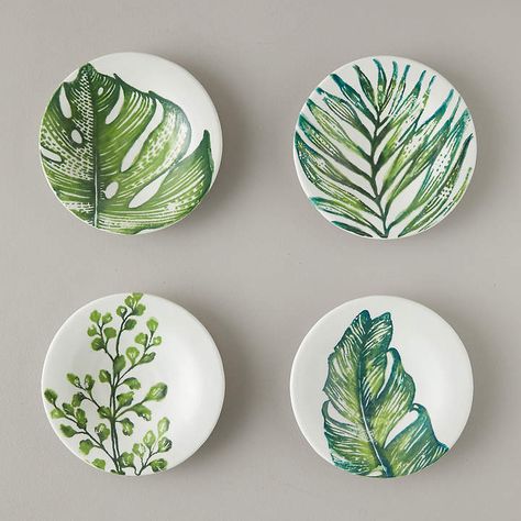 Tropical Leaf Dessert Plates, Set of 4 Pottery Painting Leaf Design, Tropical Pottery Painting, Leaves Pottery Painting, Leaf Pottery Painting, Wall Plates Painting Ideas, Ceramic Wall Plate, Painted Ceramic Plates Ideas, Hand Painted Plates Ideas, Wall Plate Painting Ideas