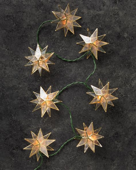 Lit Capiz Star Christmas Tree Garlands | Balsam Hill Diy Christmas Mantle, Lighted Garland, Star Christmas Lights, White Spruce, Prelit Tree, Star Garland, Holiday Garlands, Holiday Display, Christmas Tree Garland