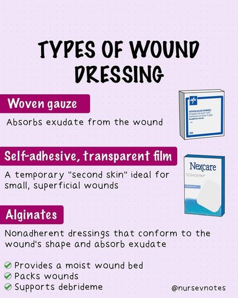 Types of Wound Dressing #nursingstudent #nurse #resources - Image Credits: Nursevnotes Wound Nurse, Nursing School Survival, College Advice, Wound Dressing, School Survival, Nclex, School Resources, Nursing Students, Nursing School