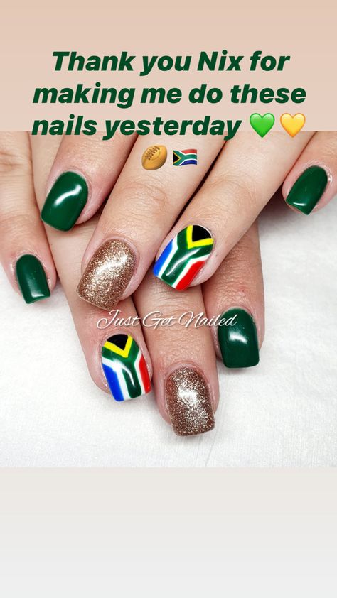 South African Flag Nails, South African Nail Art, South African Nails, African Nails, Springbok Rugby, Subtle Nail Art, Flag Nails, South African Flag, Neon Acrylic Nails