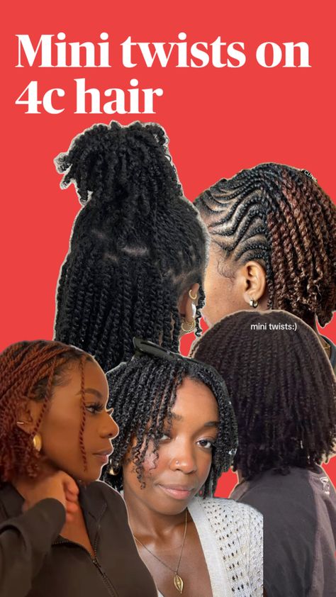 The pin shows 5 girls with mini twists. The first image has a girl with mini twists in a half up half down hairstyle, the second image shows a girl with cornrows at the front and twists in at the back. The third image shows a girl with ginger coloured hair with mini twists that were done on stretched hair. The fourth image shows a girl in mini twists with her hair down and the fifth image shows a girl with her mini twists down but the photo is taken from behind the person. Mini Twists On Natural Hair, Twists On Natural Hair, Mini Twists Natural Hair, Short Afro, Hair Clinic, Natural Hair Twists, Mini Twists, 4c Hair, 4c Hairstyles