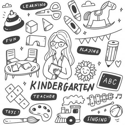 Kindergarten teacher and toys in doodle ... | Premium Vector #Freepik #vector #flower #school #hand #education Teacher Doodle Art, Teacher Doodle Drawings, Doodle Art For School, School Doodle Art, School Doodles Drawings, Teacher Doodles, Doodles School, Teacher Drawing, Teacher Illustration