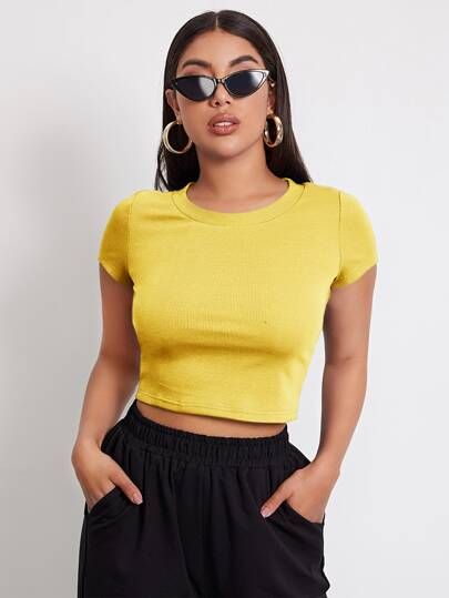 Crop Top Amarillo Outfit, Sporty Yellow Crop Top For Summer, Casual Yellow Ribbed Top, Trendy Yellow Crop Top, Cheap Yellow Cropped Top, Casual Yellow Cropped Crop Top, Bebe Clothing, Yellow Crop Top, Woo Woo