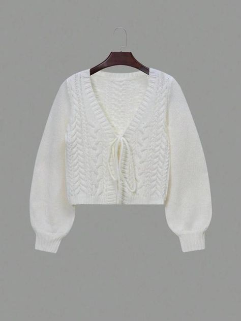 Women's Solid Long Sleeve Tie Front Cardigan, Casual V Neck Bishop Sleeve Knitwear for Spring, Cardigan for Women, Crochet Top, Cropped Cardigan, Women Back To School Clothing for Daily Wear, Comfortable Womenswear Sweaters V Neck, Cable Knit Sweater Cardigan, Cardigan Casual, Cardigan Sweaters, Fleece Leggings, Tie Front Cardigan, Winter Outerwear, Cable Knit Cardigan, V Neck Cardigan