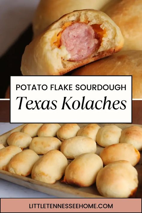 Kolaches Wrapped in Potato Flake Sourdough - Little Tennessee Home Potato Flakes Bread Recipe, Sausage And Cheese Kolaches, Sourdough Starter Recipe With Potato Flakes, Best Sourdough Starter Recipe, Dough Starter Recipe, Flake Recipes, Discard Recipe, Sourdough Bread Starter, Sourdough Pancakes