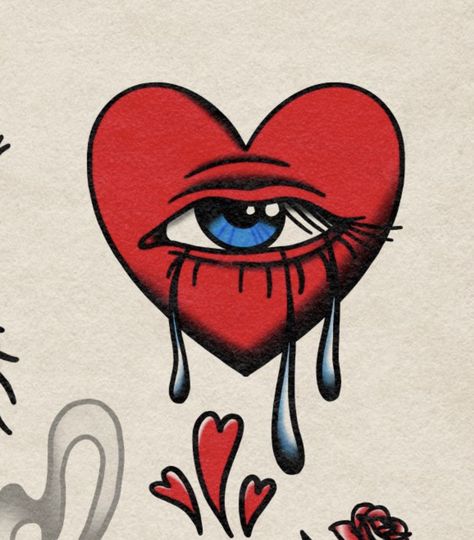 Creepy Heart Drawing, Eyes With Hearts Drawing, Heart With Eyes Tattoo, Oldschool Drawing, Ham Tattoo, Old School Heart Tattoo, Crying Heart Old School, Trippy Heart Drawing, Heart With Eyes