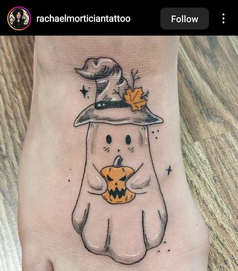 October Birthday Tattoo Ideas, Ghost And Pumpkin Tattoo, Witchy Ghost Tattoo, Feminine Halloween Tattoos, Ghost Tattoos With Pumpkin, Halloween Cookie Tattoo, Witch Pumpkin Tattoo, Little Halloween Tattoos, Ghost With Pumpkin Tattoo