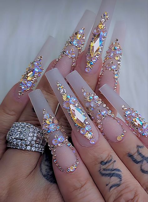 Fancy Long Nails, Nail Designs Rhinestones Bling, Long Nail Rhinestone Designs, Classy Bling Nails, Fancy Nail Designs Classy Bling, Royalty Nail Designs, Nail Diamond Placement Ideas, Diamond Placement On Nails, Glitz And Glam Nails