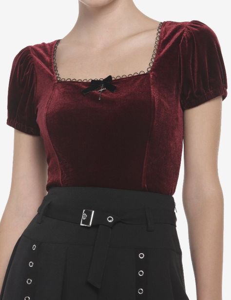 Red Velvet Top Outfit, Red Velvet Shirt, Red Velvet Top, Girls Corset, Feminine Wardrobe, Scalloped Neckline, Girls Vest, Velvet Shirt, Dark Feminine