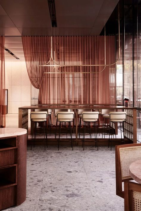 Theatrical curtains drape around Dame bar by Bergman & Co Blush Curtains, Creating An Entryway, Red Table Lamp, Marble Bar, Communal Table, Pink Curtains, Banquette Seating, Terrazzo Flooring, Bar Interior