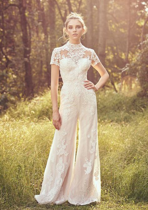 Lace Jumpsuit Wedding, Jumpsuit Wedding Dress, Wedding Pantsuit, Short Sleeve Wedding Dress, Lillian West, High Neck Wedding Dress, Boho Bridal Gowns, Neck Wedding Dress, Bridal Jumpsuit