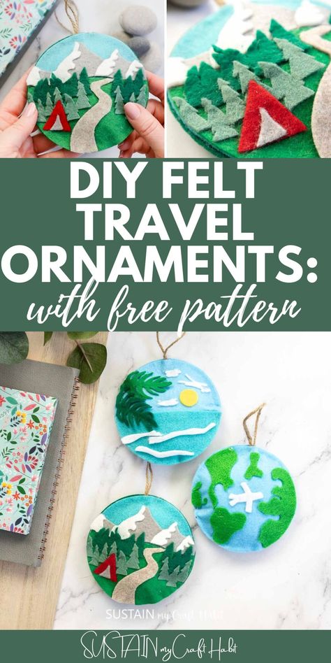 These DIY felt travel ornaments are not only easy to make, but they also make for the perfect keepsake or gift for any travel enthusiast. Printable pattern file included. #sustainmycrafthabit Fall Crafts For Adults, Felt Ornaments Diy, Travel Ornament, Felt Crafts Patterns, Felt Roses, Diy Felt, Felt Pattern, Travel Diy, Crafty Projects