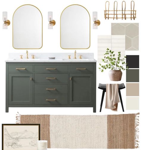 Bathroom Remodel Green Vanity, Bathroom With Dark Green Vanity, Master Restroom, New Build Bathroom, Sage Bathroom, Rh Home, Flip House Ideas, Main Bathroom Remodel, Cabin Lifestyle