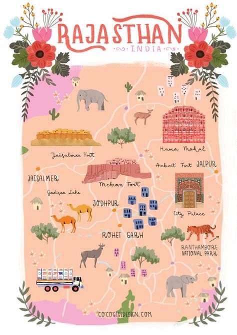 All India Travel Map, Rajasthan Poster Design, Rajasthan Map Illustration, India Travel Journal Ideas, Rajasthan Doodle, India Illustration Doodles, Rajasthan Poster, Rajasthan Illustration, Rajasthan Map