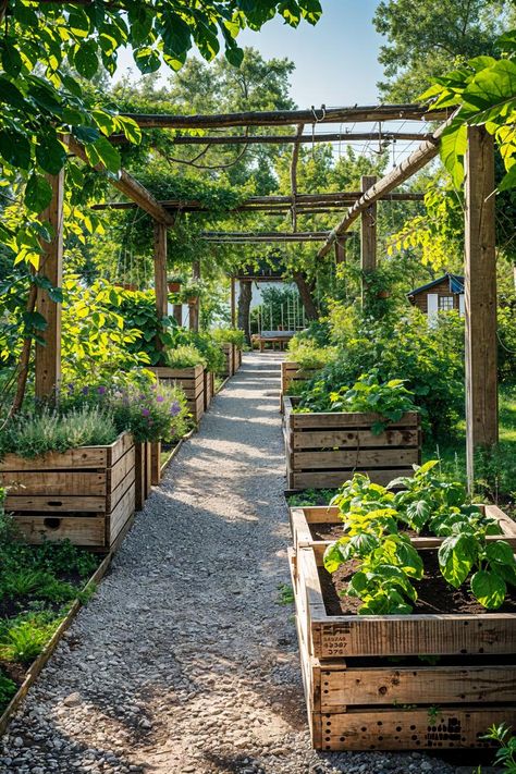 Big Veggie Garden, Rustic Garden Pergola, House Gardens Ideas, Garden With Vegetable Patch, Dream Veggie Garden, Farm Style Garden Ideas, Vegetable Garden With Seating Area, Horizontal Garden Ideas, Home Veggie Garden Aesthetic