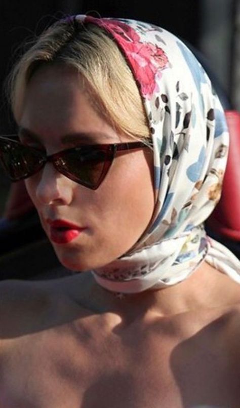 Head Scarf, Head Scarves Head Scarf Ideas, Givenchy Scarf, Scarf Aesthetic, Italian Hair, Grace Kelly Style, Scarf Ideas, Silk Headscarf, Head Scarf Styles, Scarf Outfit