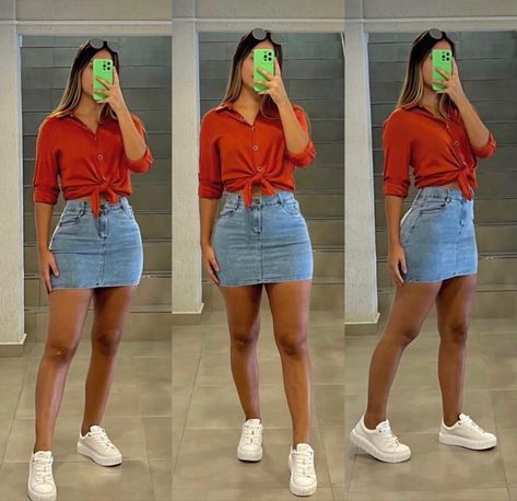 Short Denim Skirt Outfits, Cute Ripped Jeans Outfit, Orange Skirt Outfit, Skirt Outfit Casual, Jean Skirt Outfits, Outfits Con Jeans, Denim Skirt Outfits, Short Denim Skirt, Orange Blouse