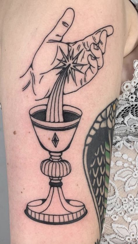 Chalice Tattoo Traditional, Minds Eye Tattoo, Chalice Tattoo Design, American Traditional Knight Tattoo, Overflowing Cup Tattoo, Goblet Tattoo, Chalice Tattoo, Positivity Tattoo, Collage Tattoo