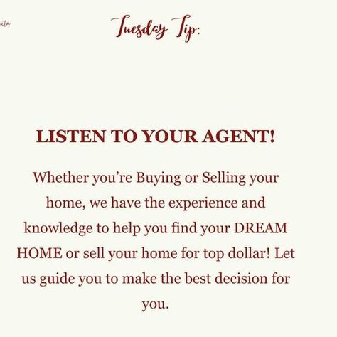 Tuesday Tip: Listen to Your Agent! 📣🏡 When it comes to buying or selling a home, trusting your real estate agent is crucial. As your dedicated Halifax realtor, I’m here to provide you with expert advice and insights that can make all the difference in your real estate journey. Here’s why you should always listen to your agent: Market Expertise: I live and breathe the Halifax real estate market! I know the trends, the neighborhoods, and the nuances that can affect your buying or selling experi... Buyer Tips Real Estate, Real Estate Tips For Sellers, Beginner Real Estate Agent, Selling A Home, Real Estate Tips, Listening To You, Selling House, Trust Yourself, Real Estate Marketing