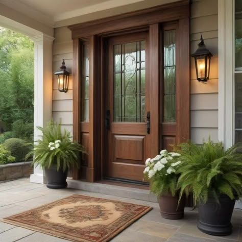 Transform your home's entrance with a solid wood front door that speaks of timeless elegance and lasting strength. Crafted from the finest wood, these doors offer unmatched durability and a warm, inviting presence. Elevate your curb appeal with a door that's more than just an entryway—it's a statement. Ready to redefine your home's first impression? Click the link in the pin to discover the perfect solid wood door for your home.  (This is an affiliate link.) (Human directed ai content.) Wood Front Door White Trim, Front Door Ideas Traditional, Traditional Front Doors Entrance, Villa Door Entrance, Front Door Double Doors Entrance, Home Entrance Door Design, Wood Front Door With Sidelights, Front Entry Doors With Sidelights, Front Door With Sidelight